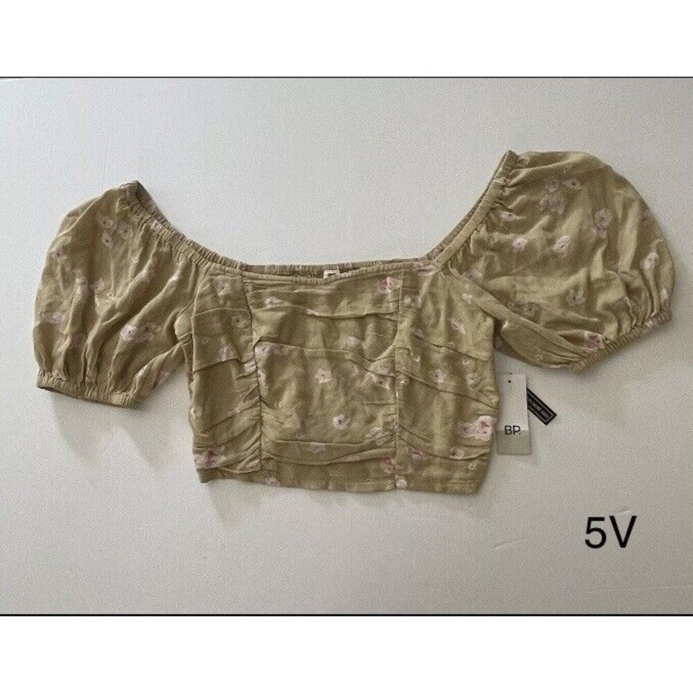 BP. Women's Floral Print Ruched Crop‎ Top, Tan size XS
